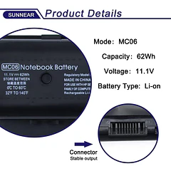Batería de Repuesto MC06 para Hp Envy M7-N000 M7-N100 15-AE100 17-N000 17-R000 M7-n109d M7-n011dx Series - SUNNEAR