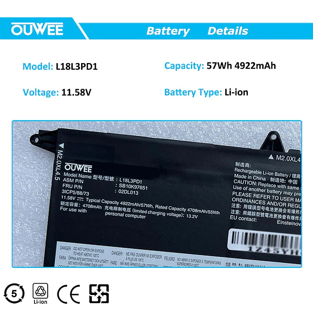 Batería de Repuesto L18L3PD1 para Lenovo ThinkPad T14S T490S T495S Series L18M3PD1 L18C3PD1 L18M3PD2 L18C3PD2 - OUWEE 2