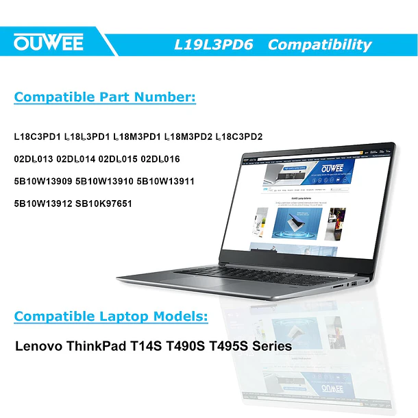 Batería de Repuesto L18L3PD1 para Lenovo ThinkPad T14S T490S T495S Series L18M3PD1 L18C3PD1 L18M3PD2 L18C3PD2 - OUWEE 4