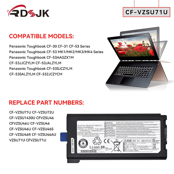Batería de Repuesto A1713 para Panasonic Toughbook CF-30 CF-31 CF-53 CF30 CF31 CF53 CF-VZSU72U CF-VZSU1430U - RDSJ 3