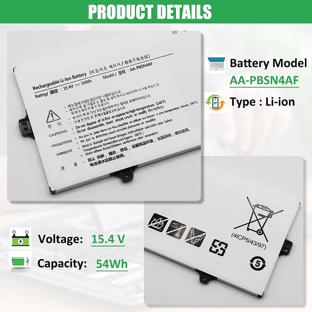 Batería de Repuesto AA-PBSN4AF para Samsung NP930SBE NP930SBE-K01CN NP930SBE-K02HK NP930SBE-K03CN NT930SBE NT930SBE-K38 NP730QCJ NP730QCJ-K01US NP730QDA - RHKRKQN 2