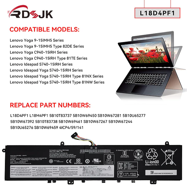 Batería de Repuesto KT02XL para Lenovo IdeaPad Yoga C940-15 C940-15IRH 81TE 9-15IMH5 82DE IdeaPad S740-15IRH 3