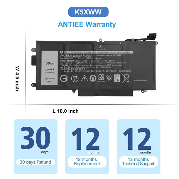 Batería de Repuesto K5XWW para Dell Latitude 5289 7389 7390 2-in-1 6