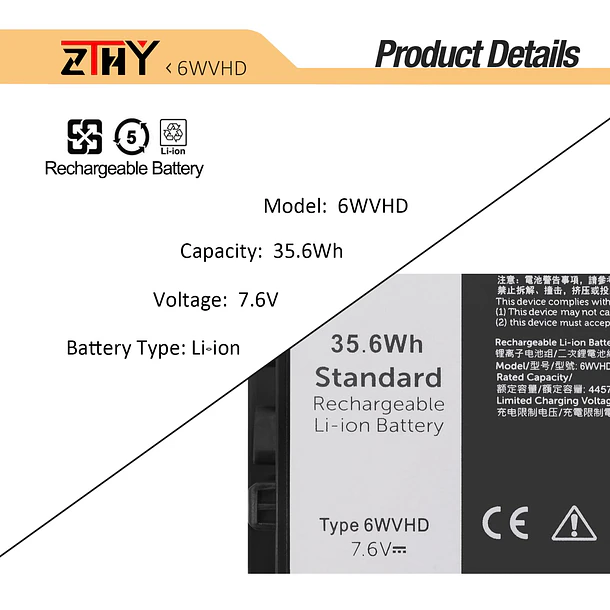 Batería de Repuesto B31N1912 para Dell Latitude 7230 Rugged Extreme Tablet - ZTHY 3