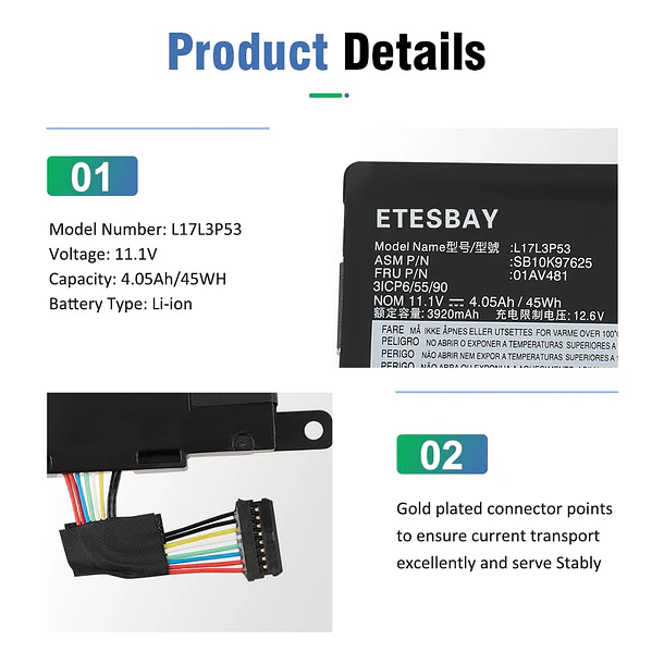 Batería de Repuesto L17L3P53 para ThinkPad L380 Yoga L390 - ETESBAY 5