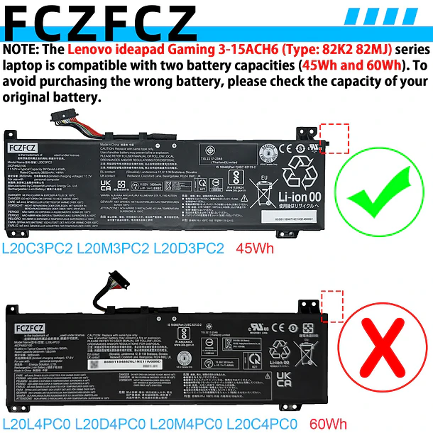 Batería de Repuesto L20C3PC2 para Lenovo ideapad Gaming 3-15ACH6 3-15IHU6 Series 5B11B96719 SB11B96716 L20M3PC2 5B11B96718 - FCZFCZ 3