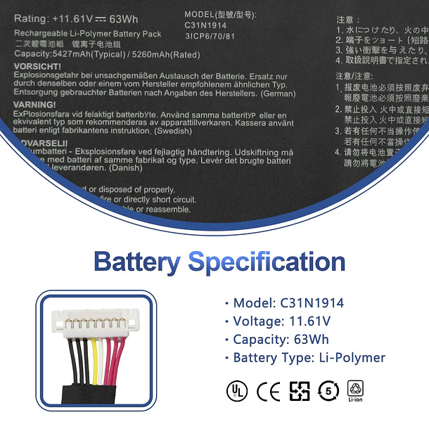 Batería de Repuesto C31N1914 para Asus ZenBook 13 UX425UG ZenBook 14 2