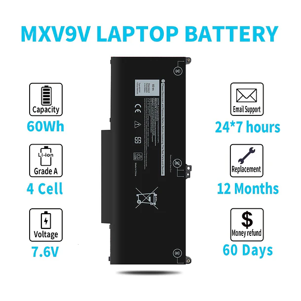 Batería de Repuesto MXV9V para Dell Inspiron 7300 7306 2-in-1 Black Series, Latitude 7400 7300 - Emanjor 5