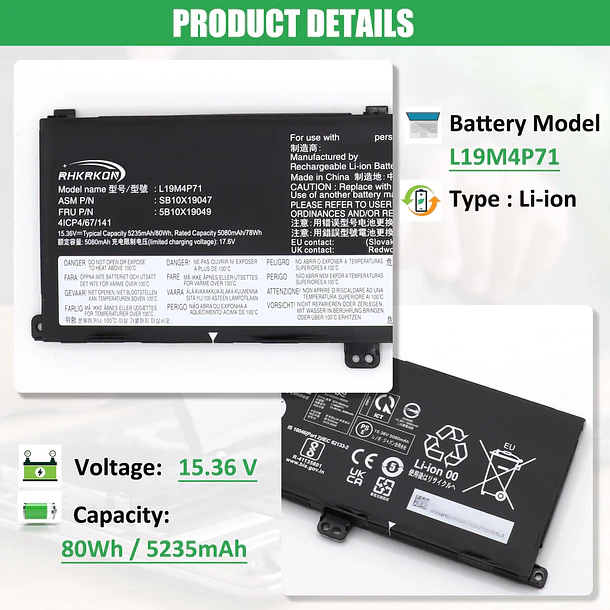 Batería de Repuesto L19M4P71 para Lenovo ThinkPad X1 Extreme P1 3rd Gen ThinkPad X1 Extreme - RHKRKQN 2