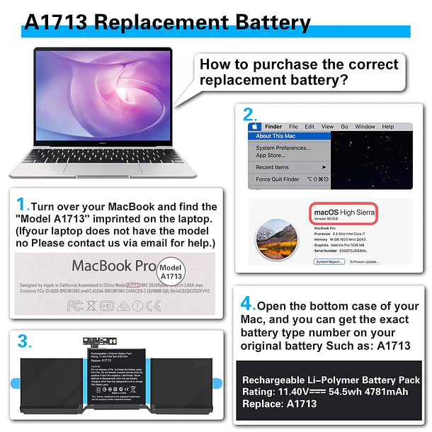 Batería de Repuesto A1713 para MacBook Pro A1708(2016,2017) A2159(2019) A2289(2020) A2338(2020,2022) 13-inch A2171/A1713 Battery - Bituoer 5