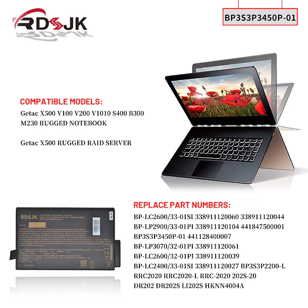 Batería de Repuesto BP3S3P3450P-01 para Getac V100 V200 B300 X500 S400 V1010 Rugged Notebook Getac - RDSJ 3