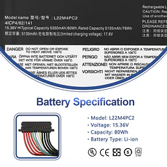 Batería de Repuesto L22D4PC2 para Lenovo Legion Slim 5 16APH8 5-16IRH8 5-16AHP9