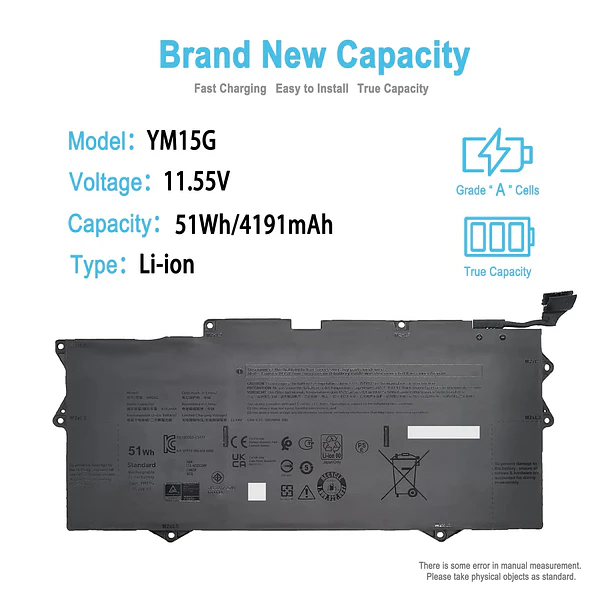Batería de Repuesto YM15G para DELL XPS 9315 Type P153G P153G001 Series Notebook 0W6D4H W6D4H - TAICROWNE 2