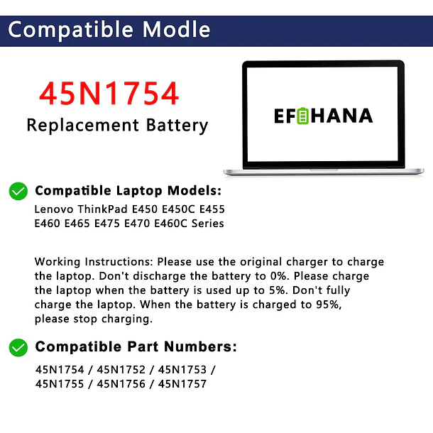 Batería de Repuesto 45N1754 para Lenovo ThinkPad E450 E450C E455 E460 E465 E475 E470 E460C - EFOHANA 3