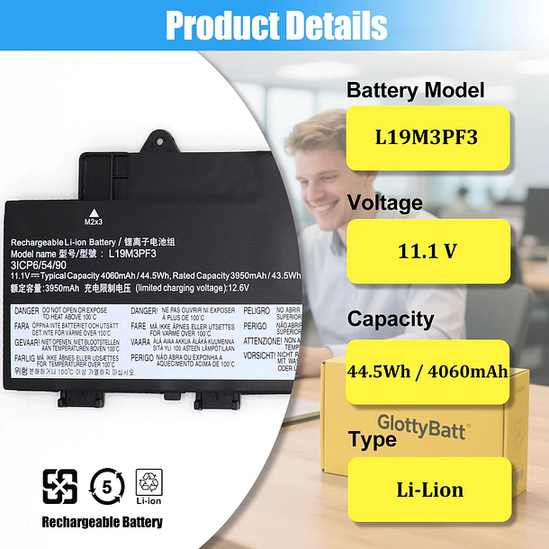 Batería de Repuesto L19M3PF3 para IdeaPad 5-14IIL05 5-14ARE05 5-14ITL05 5-14ALC05 5-14IAL7 5-14ABA7 Series Laptop Battery - GlottyBatt 2