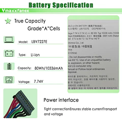 Batería de Repuesto LBV7227E para LG Gram 17Z90N 15Z90N Gram 16 2-in-1 16T90P 16Z90P 16Z90PG - Vmaxxfanee