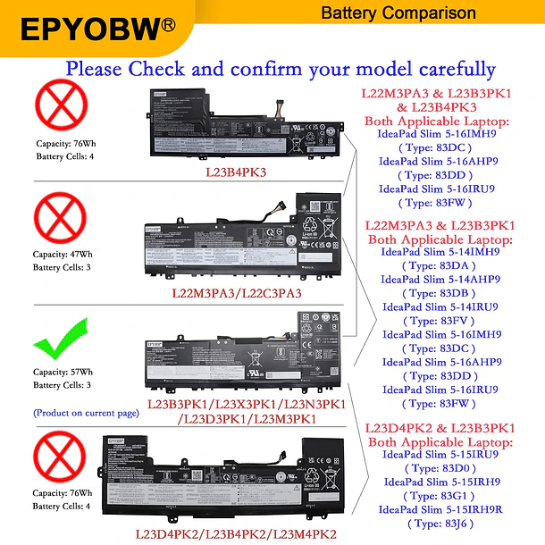 Batería de Repuesto L23B3PK1 para diversos equipos compatibles según modelo L23B3PK1 - EPYOBW 3