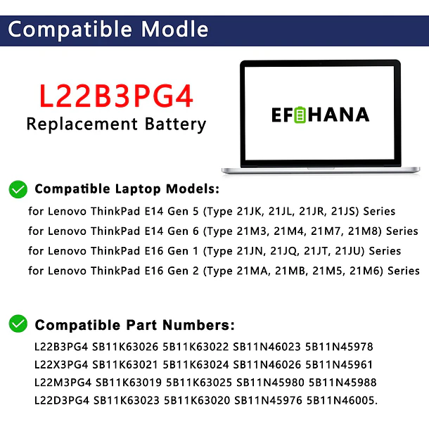 Batería de Repuesto L22B3PG4 para Lenovo ThinkPad E14 Gen 5 2023/Gen 6 2024/E16 Gen 1 3