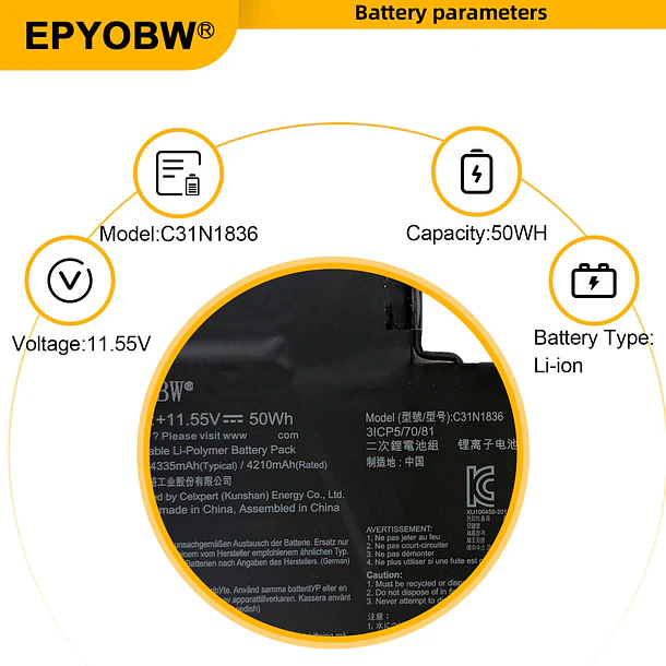Batería de Repuesto C31N1836 para ASUS Chromebook C204MA C204MA-BU0005 Chromebook C214MA C214MA-BU0038 C214MA-BU0024 Chromebook Flip - EPYOBW 3