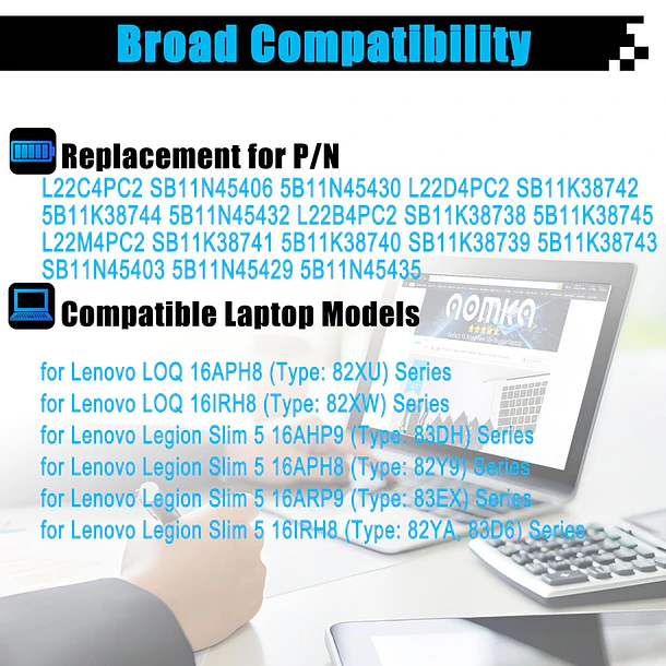 Batería de Repuesto para Lenovo Legion Slim 5-16APH8 5-16IRH8 5-16AHP9 5-16ARP9 / LOQ 16APH8 3