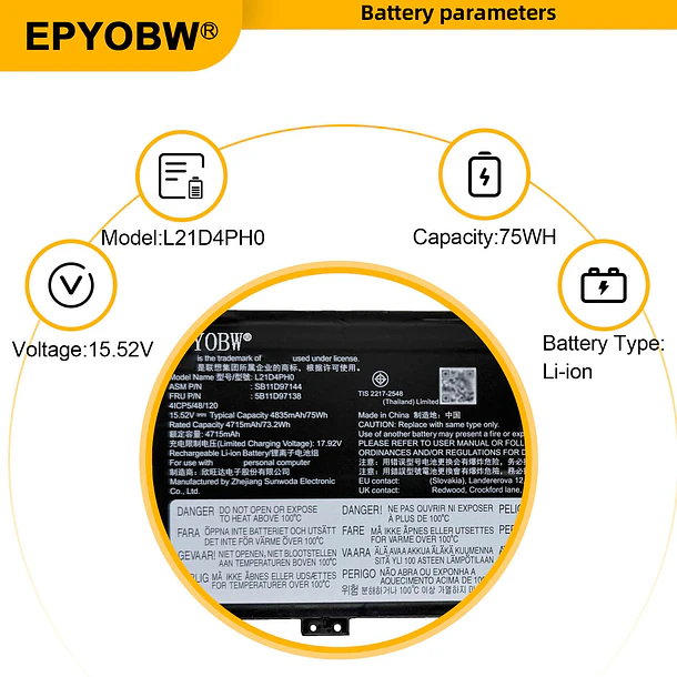 Batería de Repuesto L21D4PH0 para Lenovo IdeaPad Yoga 9-14IAP7 82LU / Yoga 9-14IRP8 83B1 Series - EPYOBW 3