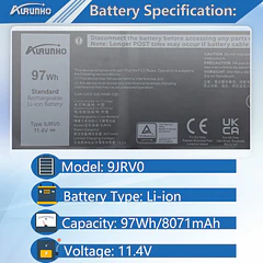 Batería de Repuesto 9JRV0 para Dell Precision 3581 3571 3561 Latitude 5531 5521 Alienware m18 - AURUNHO