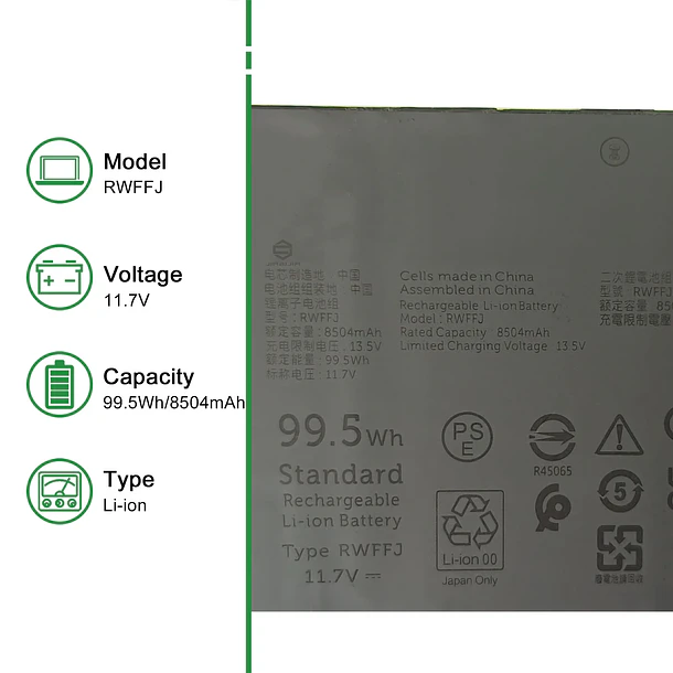 Batería de Repuesto RWFFJ para XPS 16 9640 2024 D1948TS D1848TS D2968TS D1968TS Series Notebook - JIAZIJIA RWFFJ 2