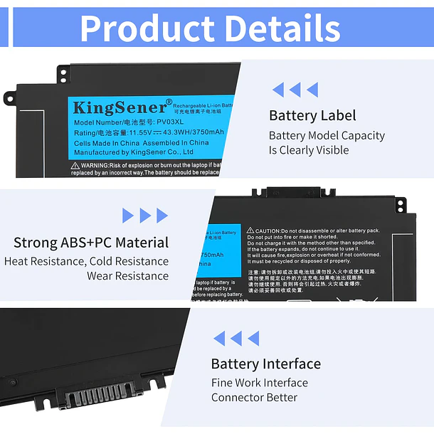 Batería de Repuesto PV03XL para HP X360 14M-DW – PV03XL 11.55V Li-ion - KingSener 3