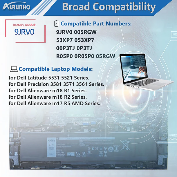Batería de Repuesto 9JRV0 para Dell Precision 3581 3571 3561 Latitude 5531 5521 Alienware m18 - AURUNHO 6