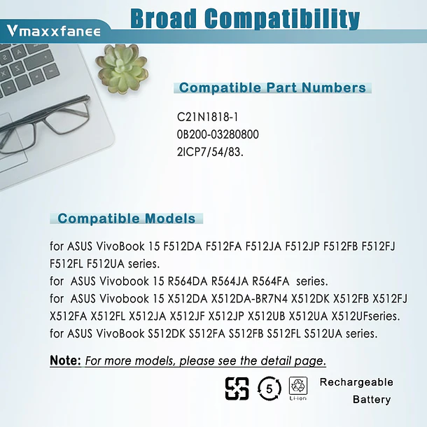 Batería de Repuesto C21N1818-1 para ASUS VivoBook 15 F512DA F512FB F512FA F512FJ F512JA F512FL F512UA - Vmaxxfanee 5