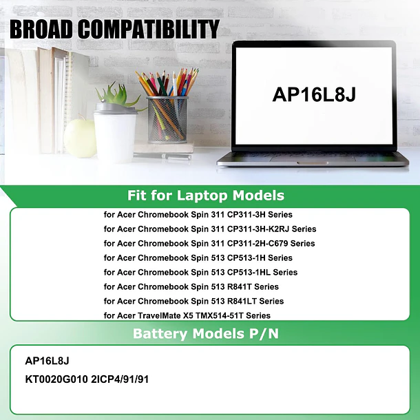 Batería de Repuesto AP16L8J para Acer Chromebook Spin 311 CP311-3H CP311-3H-A14P Spin 513 R841T-S98A CP513-2H-K62Y - RHKRKQN 3