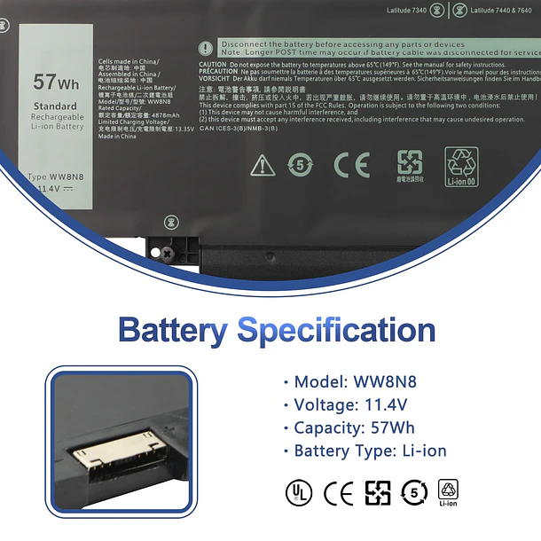 Batería de Repuesto WW8N8 para DELL Latitude 7340 7350 Series 2