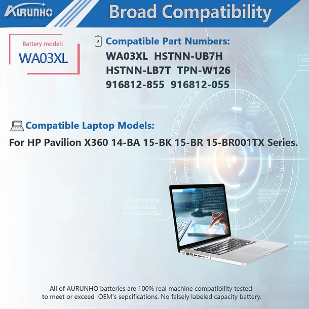 Batería de Repuesto WA03XL para HP Pavilion X360 15-BK 15-BR 15-BR001TX Series 916367-421 916812-055 916367-541 - AURUNHO 5