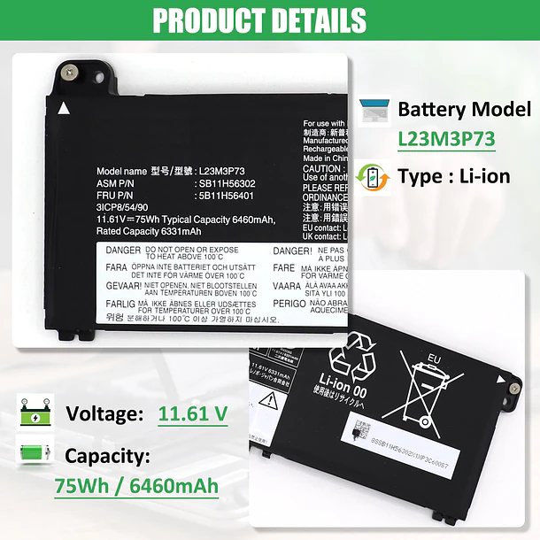 Batería de Repuesto L23M3P73 para Lenovo ThinkPad P14s Gen 5 21G2 21G3 P16s Gen 3 - RHKRKQN 2