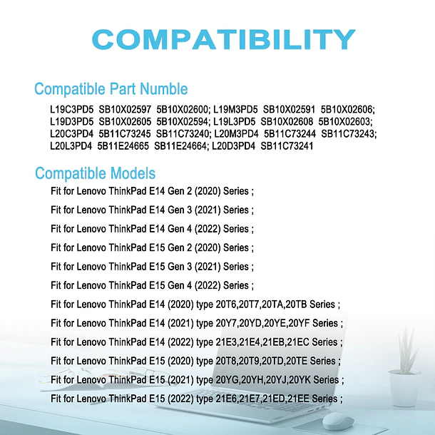 Batería de Repuesto L19M3PD5 para Lenovo ThinkPad E14 E15 Generation 2nd 3rd 4th Type 20T* - TAICROWNE 5