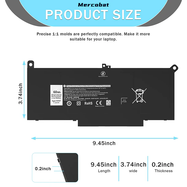 Batería de Repuesto F3YGT para Dell Latitude 12 7000 7280 7290 13 7000 7380 7390 - Mercobat 3