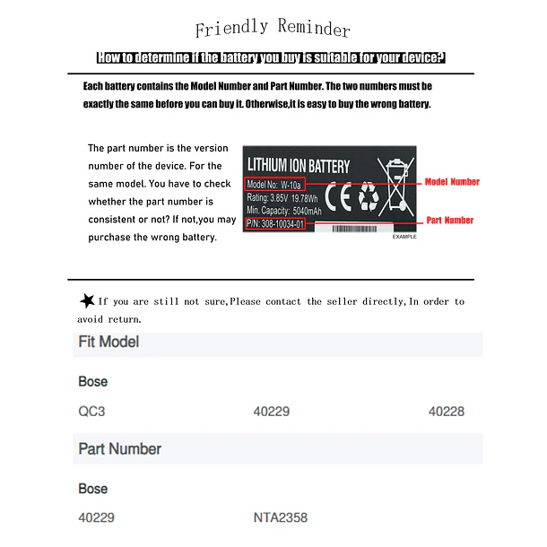 Batería de Repuesto CS-BQC3SL para Bose QC3 40228 40229 NTA2358 Battery - BCXY 2