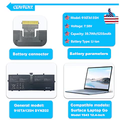 Batería de Repuesto 916TA135H para Microsoft Surface Laptop Go Battery Model 1943 12.4-Inch (7.58V,39.7Wh,5235mAh) with - CENIFENX