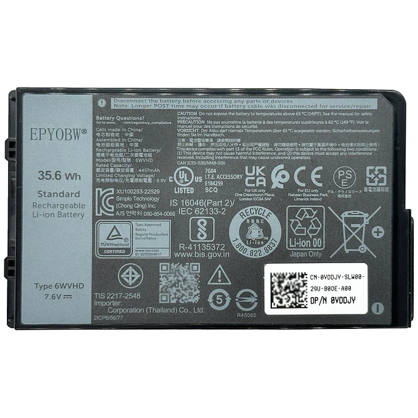 Batería de Repuesto 6WVHD para DELL Latitude 7230 Rugged Extreme Tablet / T06H T06H001 Series - EPYOBW 1