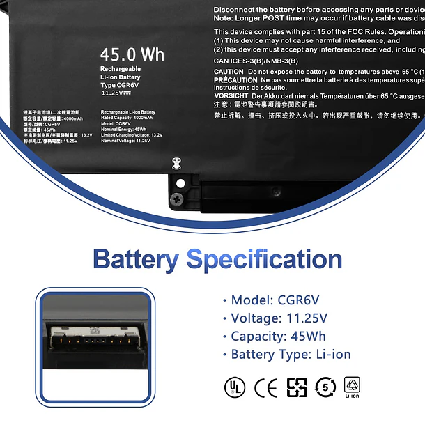 Batería de Repuesto HT03XL para Dell Pro 16 Plus PB16250/ Pro 16 PC16250/ Pro 14 2