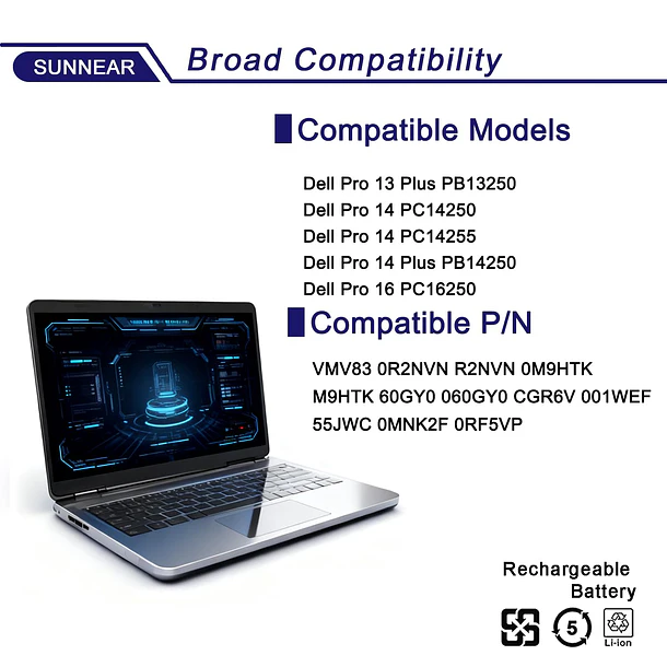 Batería de Repuesto VMV83 para Dell Pro 13 Plus PB13250 14 PC14250 Plus PB14255 PB14250 - SUNNEAR 5