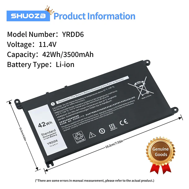 Batería de Repuesto YRDD6 para Dell inspiron 14 15 17 3000 3501 3582 3583 3584 3