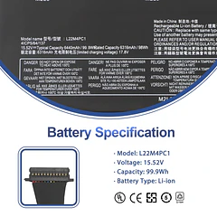 Batería de Repuesto L22M4PC1 para Lenovo Legion Pro 7 16IRX8 16IRX8H Series