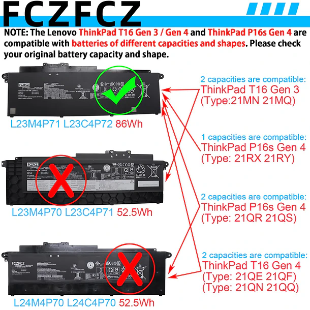 Batería de Repuesto L23M4P71 para Lenovo ThinkPad T16 Gen 3 21MN 21MQ / ThinkPad P16s - FCZFCZ 3
