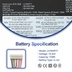 Batería de Repuesto L21M4P77 para Lenovo ThinkPad Z16 1st Gen 1/Gen 2 2022 Series