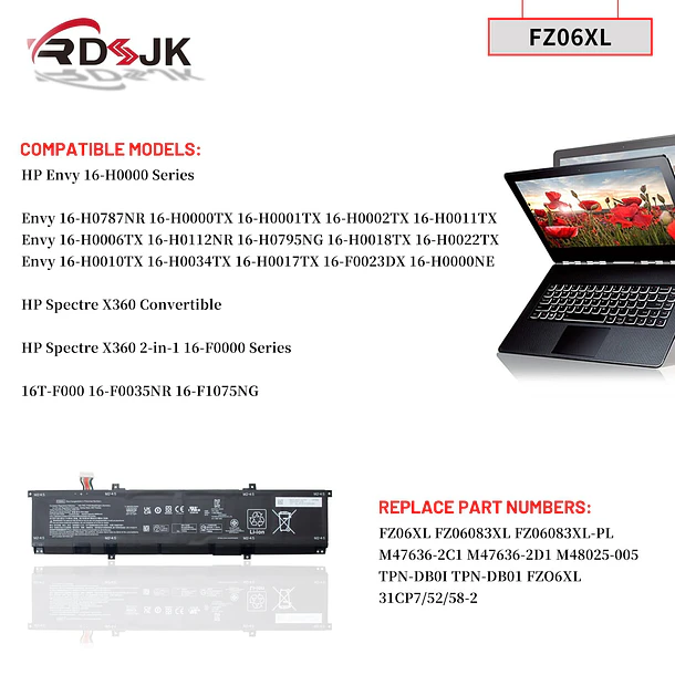 Batería de Repuesto VT06XL para HP Envy 16-H0000 16-H0787NR 16-H0000TX 16-H0112NR 16-H0795NG 16-H0034TX 16-F0023DX Spectre 3