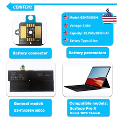 Batería de Repuesto G3HTA056H para Microsoft Surface Pro X Battery Model 1876 13-Inch (7.58V,38.2Wh,5039mAh) with - CENIFENX