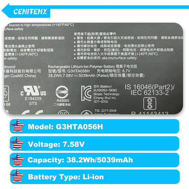 Batería de Repuesto G3HTA056H para Microsoft Surface Pro X Battery Model 1876 13-Inch (7.58V,38.2Wh,5039mAh) with - CENIFENX 4