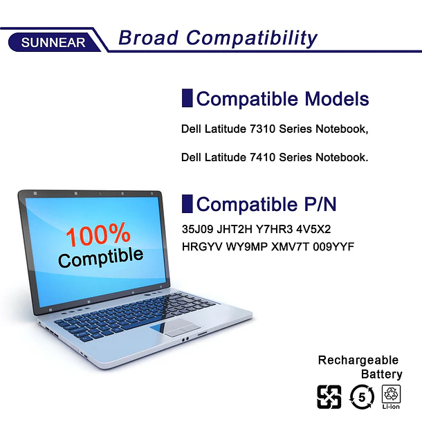 Batería de Repuesto 35J09 para Dell Latitude 7310 7410 Series Notebook Y7HR3 4V5X2 HRGYV WY9MP - SUNNEAR 5