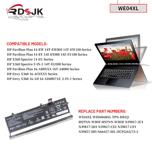Batería de Repuesto WE04XL para HP X360 Spectre 14-EU 2-IN-1 14T-EU000 Envy X360 16-AC 16-AD 3